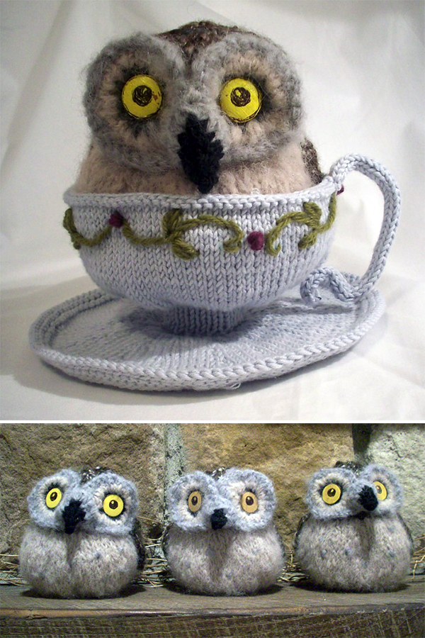 Free Knitting Pattern for Owl in a Teacup