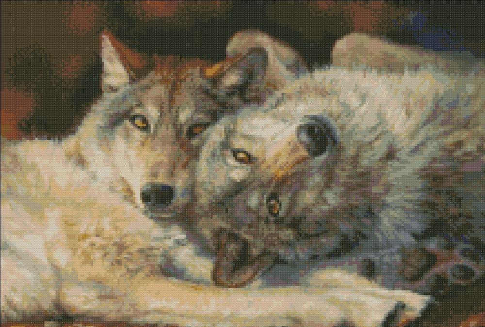 Картину с вышитой парой волков отлично подойдет семейной паре, где царит любовь и взаимопонимание