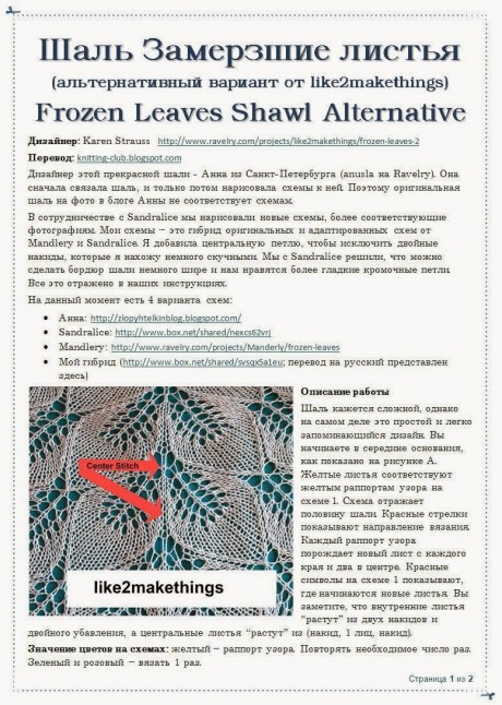 Описание и схема вязания шали Замерзшие листья