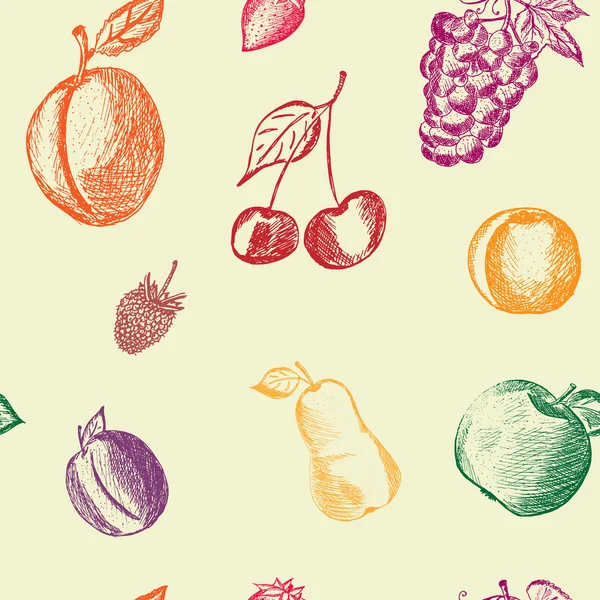 Healthy Food hand drawn background. Fruits and berries seamless background. Apple, apricot, plum, strawberry, raspberry, pear, cherry, peach, grape hand drawn. Eco, raw, organic, natural. Vector Royalty Free Stock Vectors