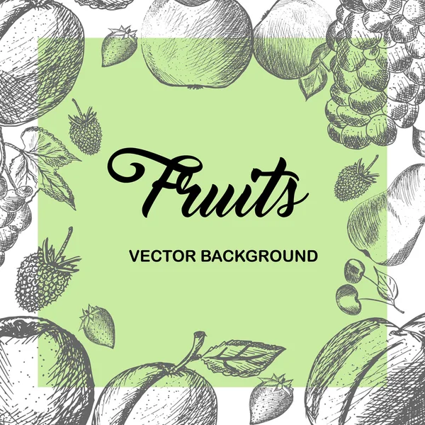 Healthy Food hand drawn background. Fruits and berries background. Apple, apricot, plum, strawberry, raspberry, pear, cherry, peach, grape hand drawn. Eco, raw, organic, natural. Vector Royalty Free Stock Vectors