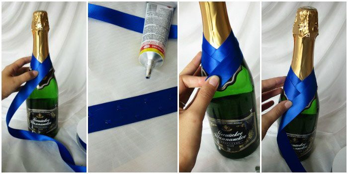 Приклеивание атласной ленты на бутылку шампанского своими руками